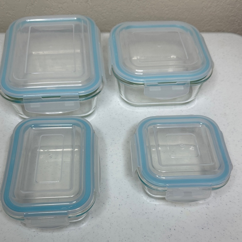 Glass Food Storage Container Set with Blue Lids